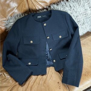 Zara Navy Blue Boucle Tweed Jacket  (Sm)